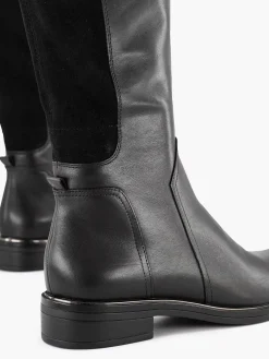 Sale Zwarte Lange Leren Comfort Laars Elastiek Dames Comfort Schoenen
